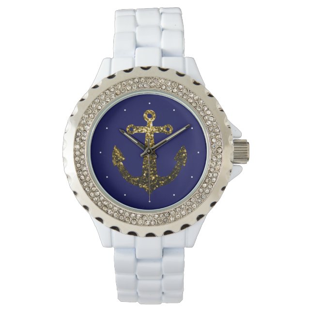 Gold faux sparkle glitter Anchor navy blue Watch (Front)