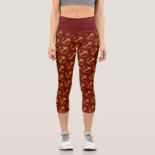 Gold faux sparkle glitter Anchor pattern dark red Capri Leggings
