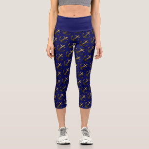 Gold faux sparkle glitter Anchor pattern navy blue Capri Leggings
