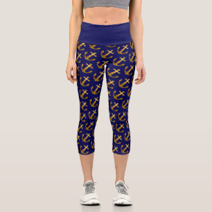 Gold faux sparkle glitter Anchor pattern navy blue Capri Leggings