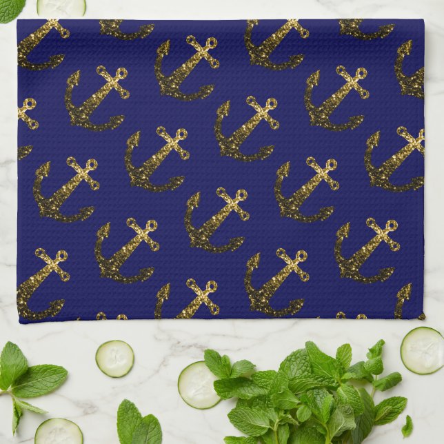 Gold faux sparkle glitter Anchor pattern navy blue Tea Towel (Folded)