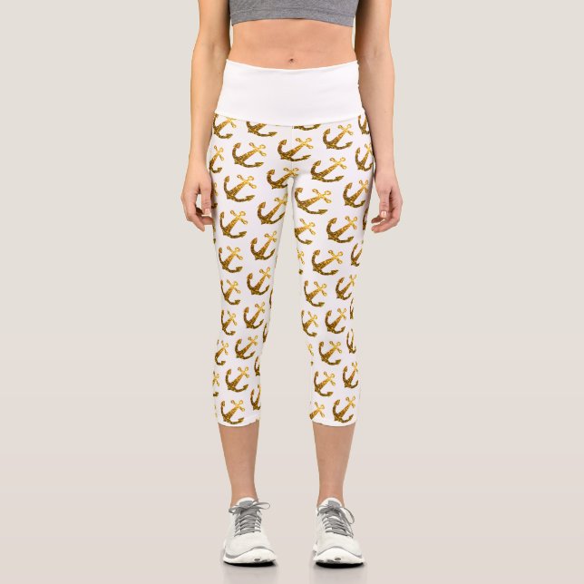 Gold faux sparkle glitter Anchor pattern white Capri Leggings (Front)