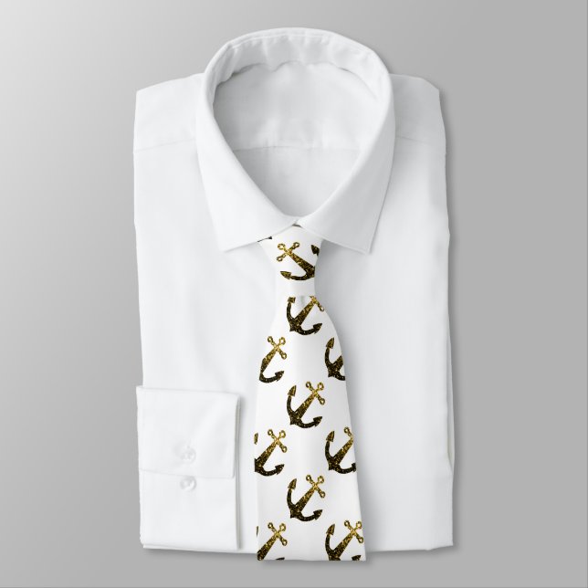 Gold faux sparkle glitter Anchor pattern white Tie (Tied)