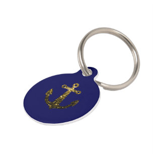 Gold faux sparkles Anchor navy blue Personalise Pet Tag