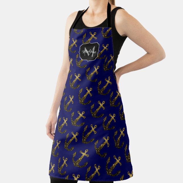 Gold faux sparkles Anchor pattern navy Monogram Apron (Insitu)