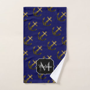 Gold faux sparkles Anchor pattern navy Monogram Bath Towel Set