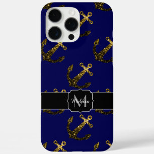 Gold faux sparkles Anchor pattern navy Monogram iPhone 16 Pro Max Case