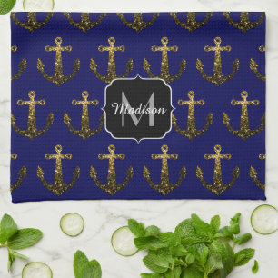 Gold faux sparkles Anchor pattern navy Monogram Tea Towel
