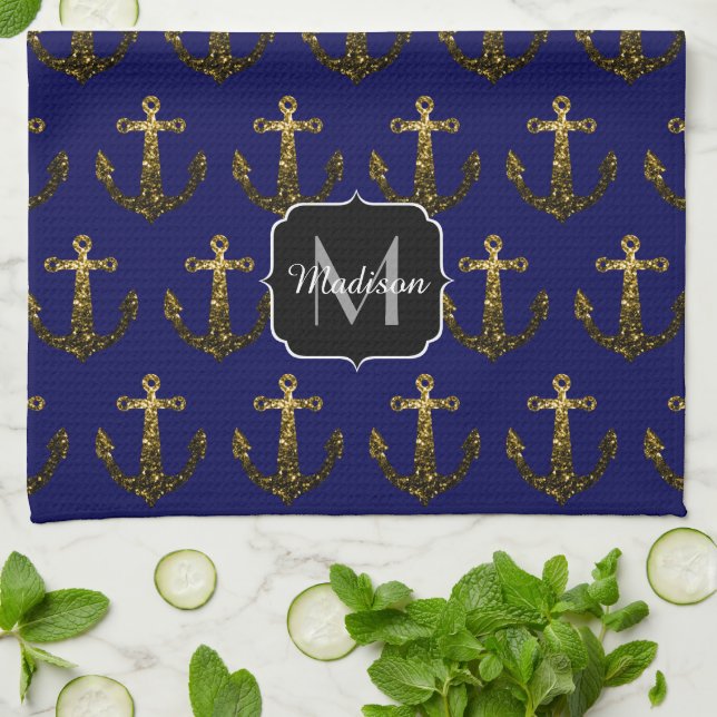 Gold faux sparkles Anchor pattern navy Monogram Tea Towel (Folded)
