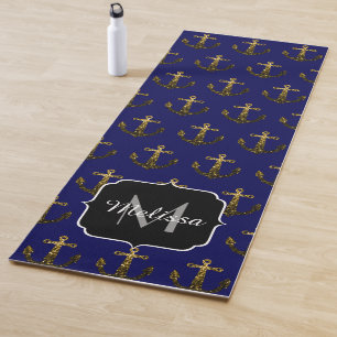 Gold faux sparkles Anchor pattern navy Monogram Yoga Mat