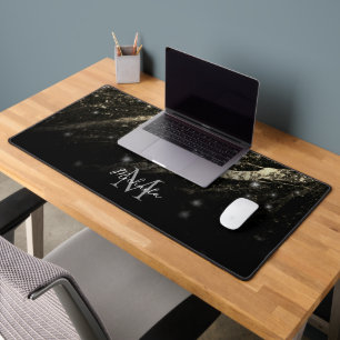 Gold faux sparkly line black abstract Monogram Desk Mat