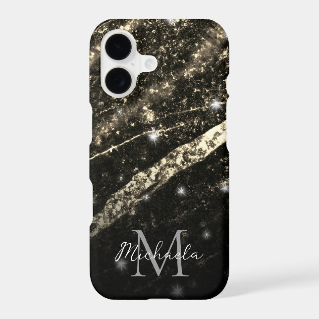 Gold faux sparkly line black abstract Monogram iPhone Case (Back)