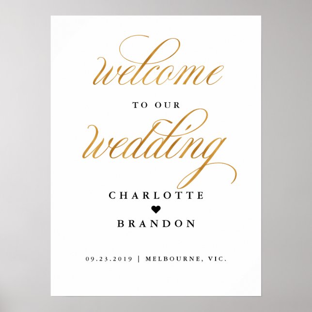 Gold faux welcome to our reception wedding sign (Front)