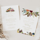 Gold Feather Boho Floral Front & Back Wedding  Invitation<br><div class="desc">This gold feather boho floral front and back wedding invitation is perfect for a rustic wedding. The design features hand-painted brown wild feathers, boho yellow, white, purple, pink, blush, burgundy flowers and blue berries neatly arranged into beautiful bouquets. Save paper by including more details on the back of the invitation...</div>