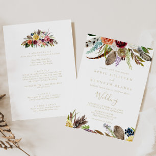Gold Feather Boho Floral Front & Back Wedding  Invitation