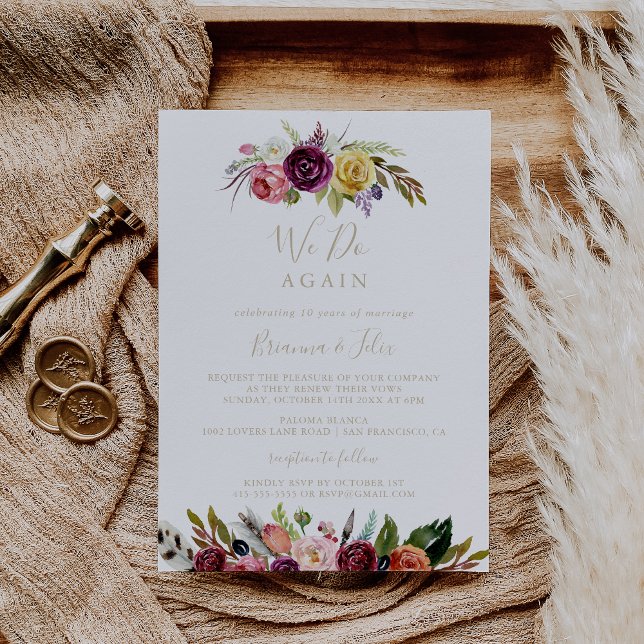 Gold Feather Boho Floral We Do Again Vow Renewal   Invitation (Creator Uploaded)