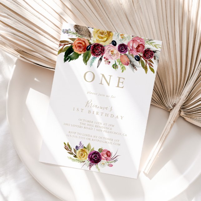 Gold Feather Boho Tropical First Birthday Party  Invitation (Creator Uploaded)