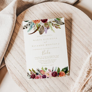 Gold Feather Boho Tropical Floral Spanish Wedding  Invitation