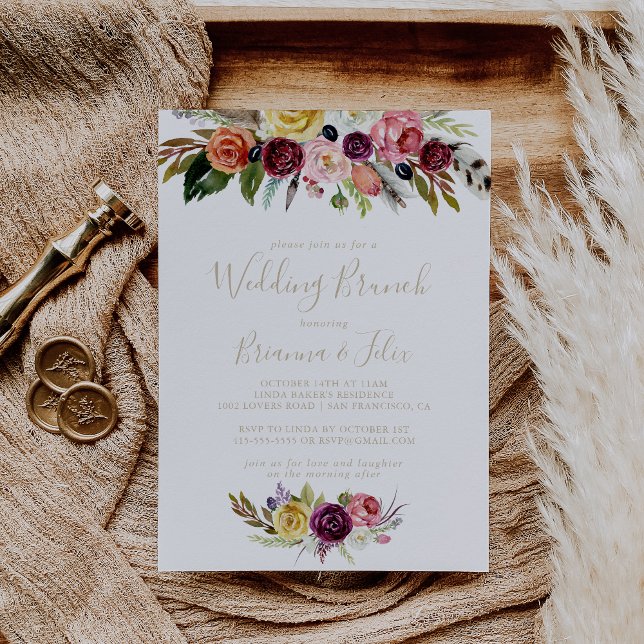 Gold Feather Boho Tropical Floral Wedding Brunch  Invitation (Creator Uploaded)