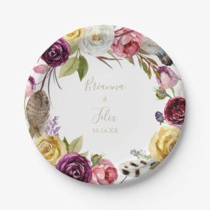 Gold Feather Boho Tropical Floral Wedding Cake Paper Plate
