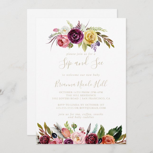 Gold Feather Boho Tropical Sip and See Invitation (Front/Back)