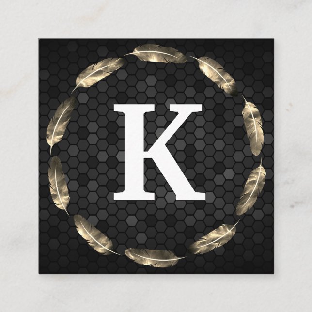 Gold Feather Circle | Geometric Pattern | Monogram Square Business Card (Front)