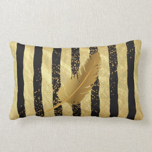 Gold Feather on Gold and Black Stripes Lumbar Cushion