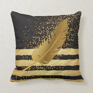 Gold Feather on Gold Confetti and Stripes Cushion