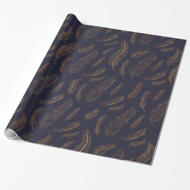 Gold feather Patterned Wrapping Paper (Unrolled)