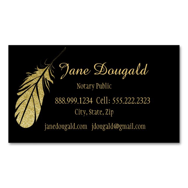 Gold Feather Pen Black Classic Notary Legal  Magnetic Business Card (Front)