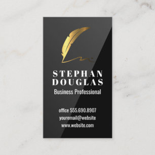 Gold Feather Pen Logo Black Gloss Business Card
