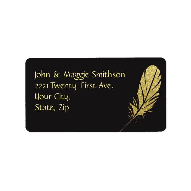 Gold Feather Quill Writers Art Black Address Label (Front)