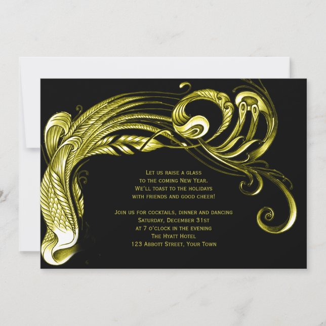 Gold Feather Scroll New Years Eve Party Invitation (Front)