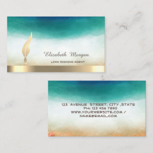 Gold Feather Stripe Watercolor Green Notary  Business Card