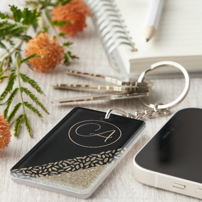 Gold Feathers on Black Glittery Monogram   Key Ring (Front Right)