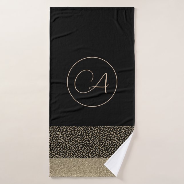 Gold Feathers on Black Monogram Bath Towel Set (Bath Towel)