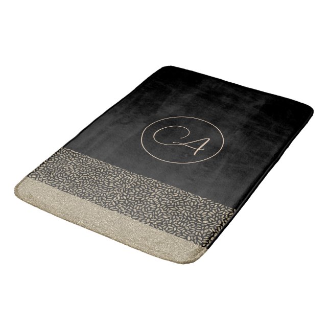 Gold Feathers on Black Monogram Bath Towel Set Bat Bath Mat (Angled)