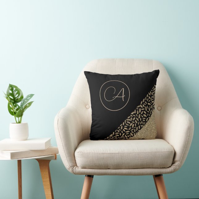 Gold Feathers on Black Monogram Modern Cushion (Chair)