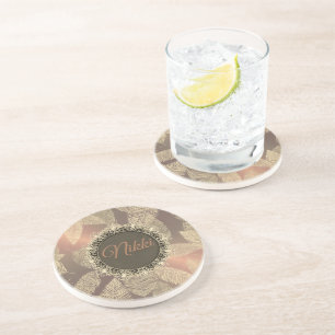 Gold Feathers on Gold Rose Personalised Coaster