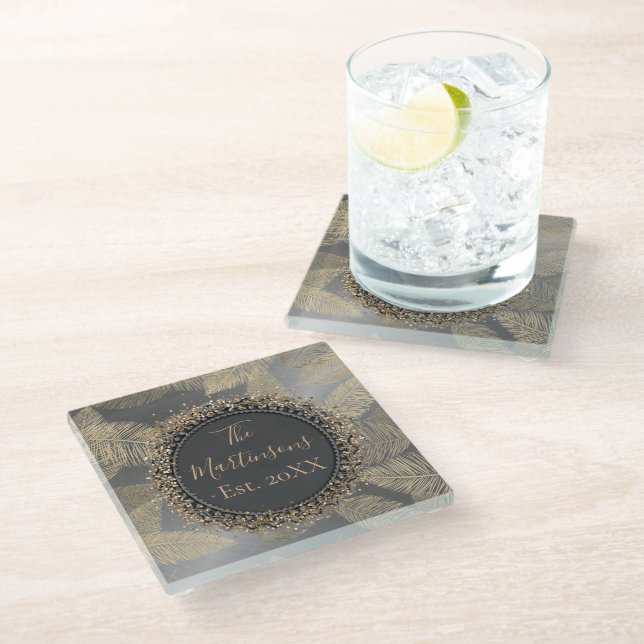 Gold Feathers on Sleek Silver Family Name Glass Coaster (Angled)
