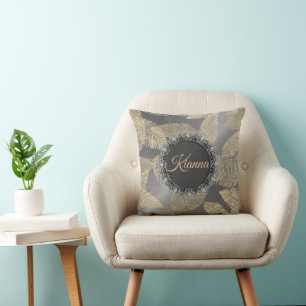 Gold Feathers on Sleek Silver Personalised    Cushion