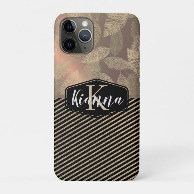 Gold Feathers with Gold Stripes Monogram        Case-Mate iPhone Case (Back)