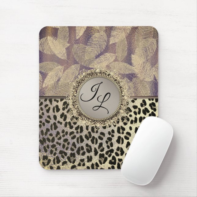 Gold Feathers with Leopard Print Monogram        Mouse Mat (With Mouse)