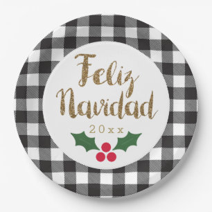 Gold Feliz Navidad Black White Buffalo Plaid Paper Plate
