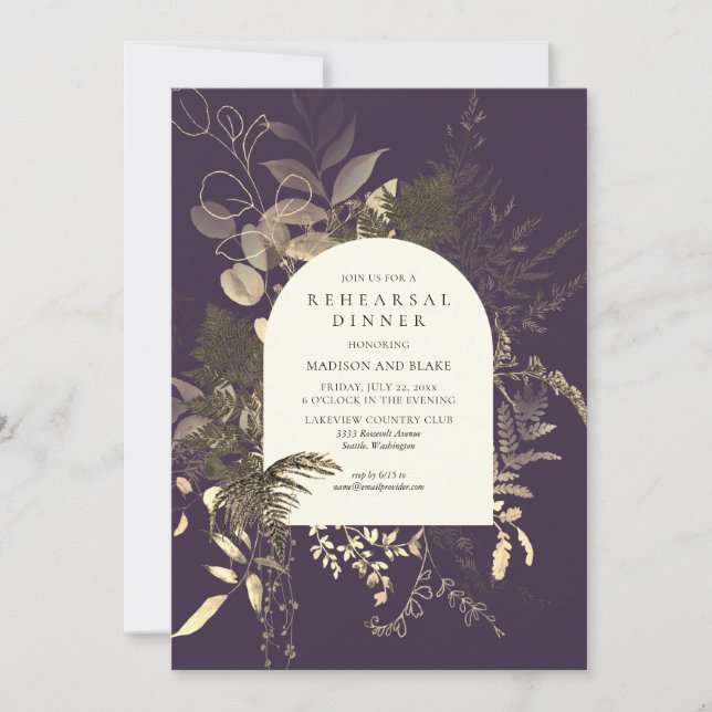 Gold Fern Greenery Purple Wedding Rehearsal Dinner Invitation (Front)