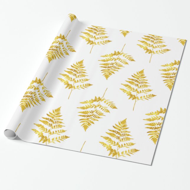 Gold Fern Leaves Pattern Wrapping Paper (Unrolled)