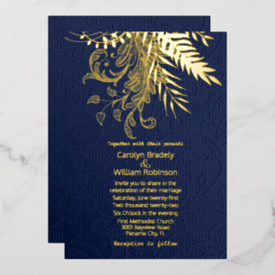 Gold Ferns and Foliage on Blue Damask Wedding