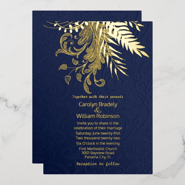 Gold Ferns and Foliage on Blue Damask Wedding (Front/Back)