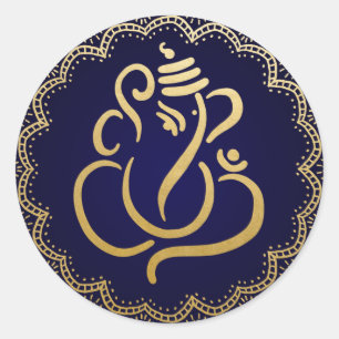 Gold Festive Ganesh Indian God Blue Classic Round Sticker