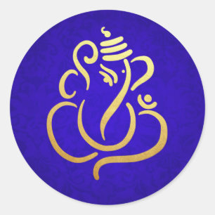 Gold Festive Ganesh Indian God Damask Blue Classic Round Sticker